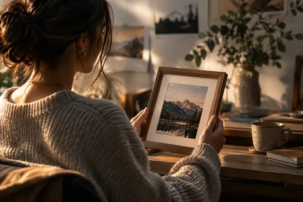 Redaktionelles Foto eines Content-Creators, der in einem sanft beleuchteten Studio ein einfaches gerahmtes Erinnerungsstück hält – feierlich, aber zurückhaltend.