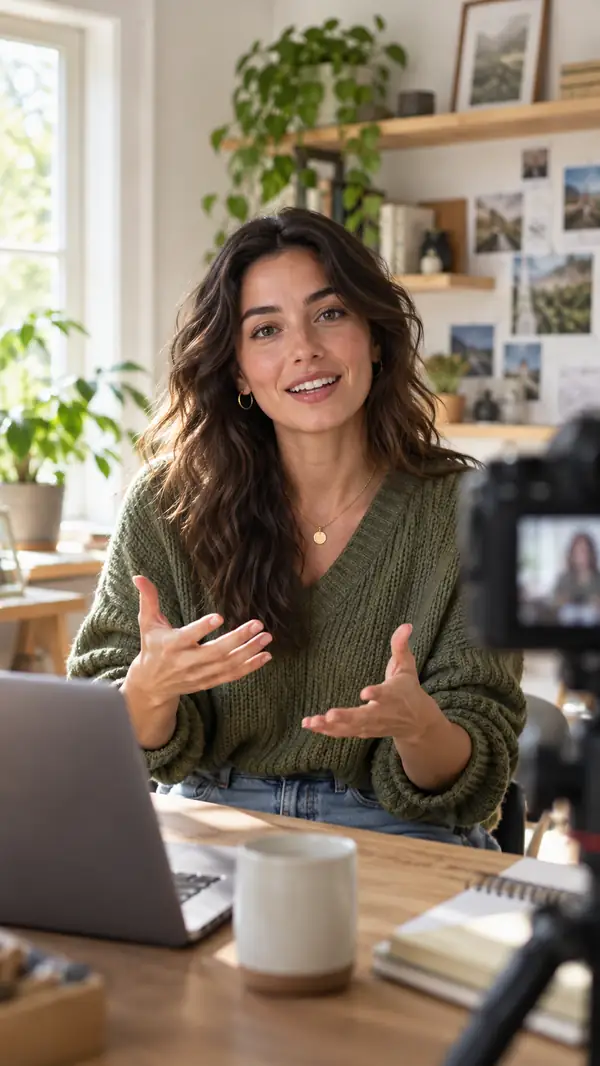 Redaktionelles Porträt eines unabhängigen Content-Creators, der in einem hellen Arbeitsbereich zu Hause in eine Kamera spricht, im Format eines vertikalen Videostandbilds.