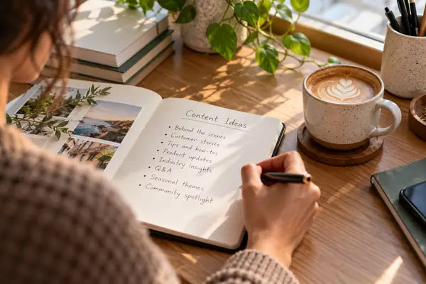 Helle redaktionelle Nahaufnahme eines Notizbuchs mit Content-Ideen neben einer Kaffeetasse auf einem aufgeräumten Schreibtisch.