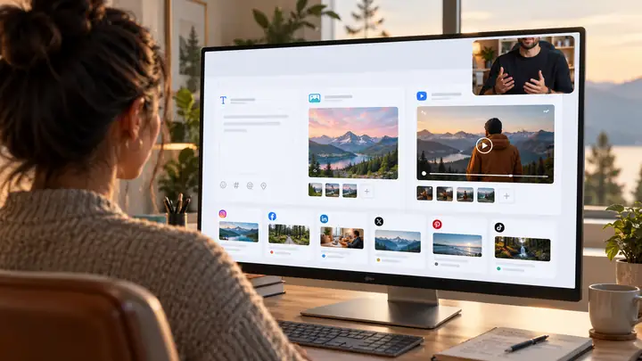Realistisches Standbild einer Softwaredemo im Breitbildformat: ein übersichtliches Dashboard für Social-Media-Veröffentlichungen mit Optionen für Text-, Bild- und Videobeiträge sowie einem eingeblendeten Moderator.