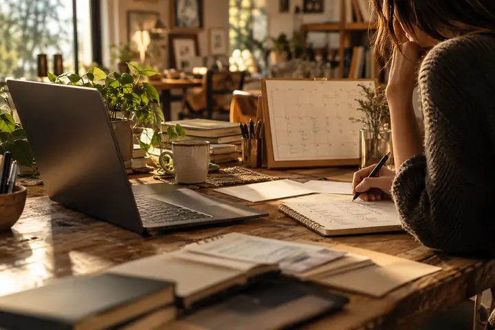 Redaktionelles Foto eines Laptops, eines Papierkalenders und handgeschriebener Notizen in einem warm gestalteten Arbeitsbereich eines unabhängigen Unternehmens.